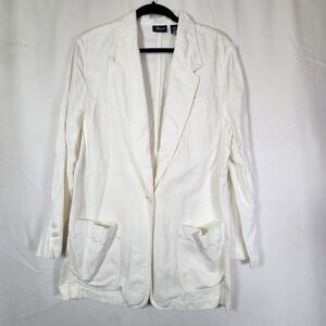 Liz Sport Women's Vintage Linen Cotton Blend Blazer Embroidered Sz M Ivory White